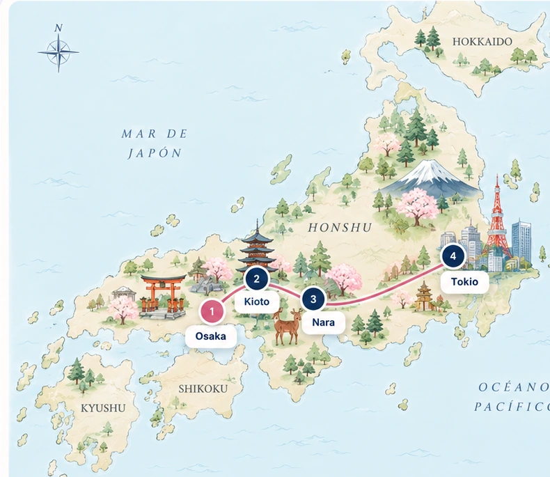 Mapa ilustrado de Japón entre Hortensias con Osaka, Kioto, Nara y Tokio, más opcionales desde Osaka y Tokio