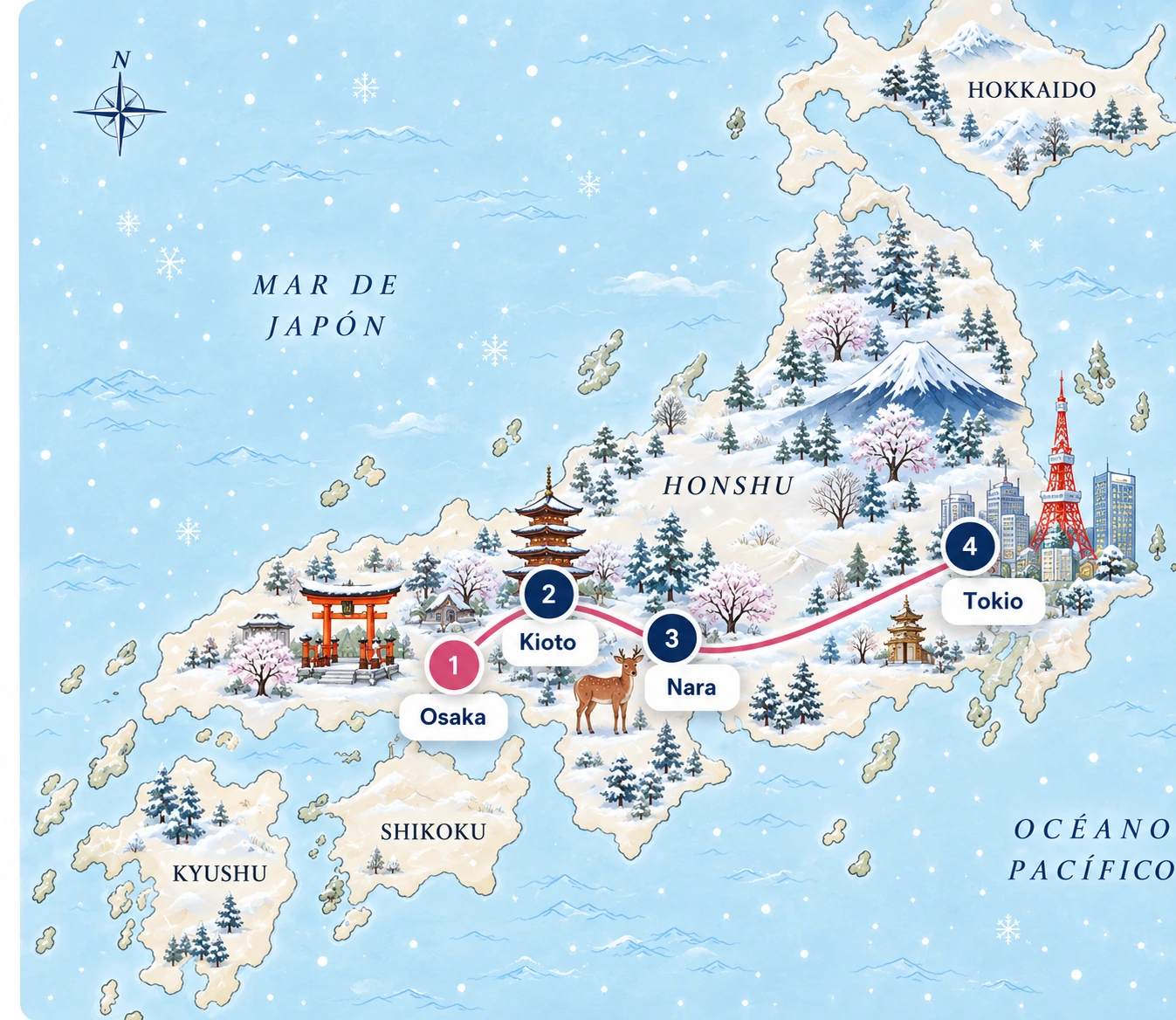Mapa ilustrado invernal de Japón con Osaka, Kioto, Nara y Tokio
