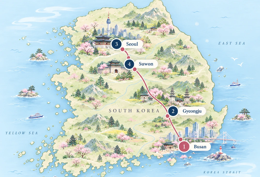 Mapa ilustrado de Corea en Primavera con Busan, Gyeongju, Seúl y Suwon