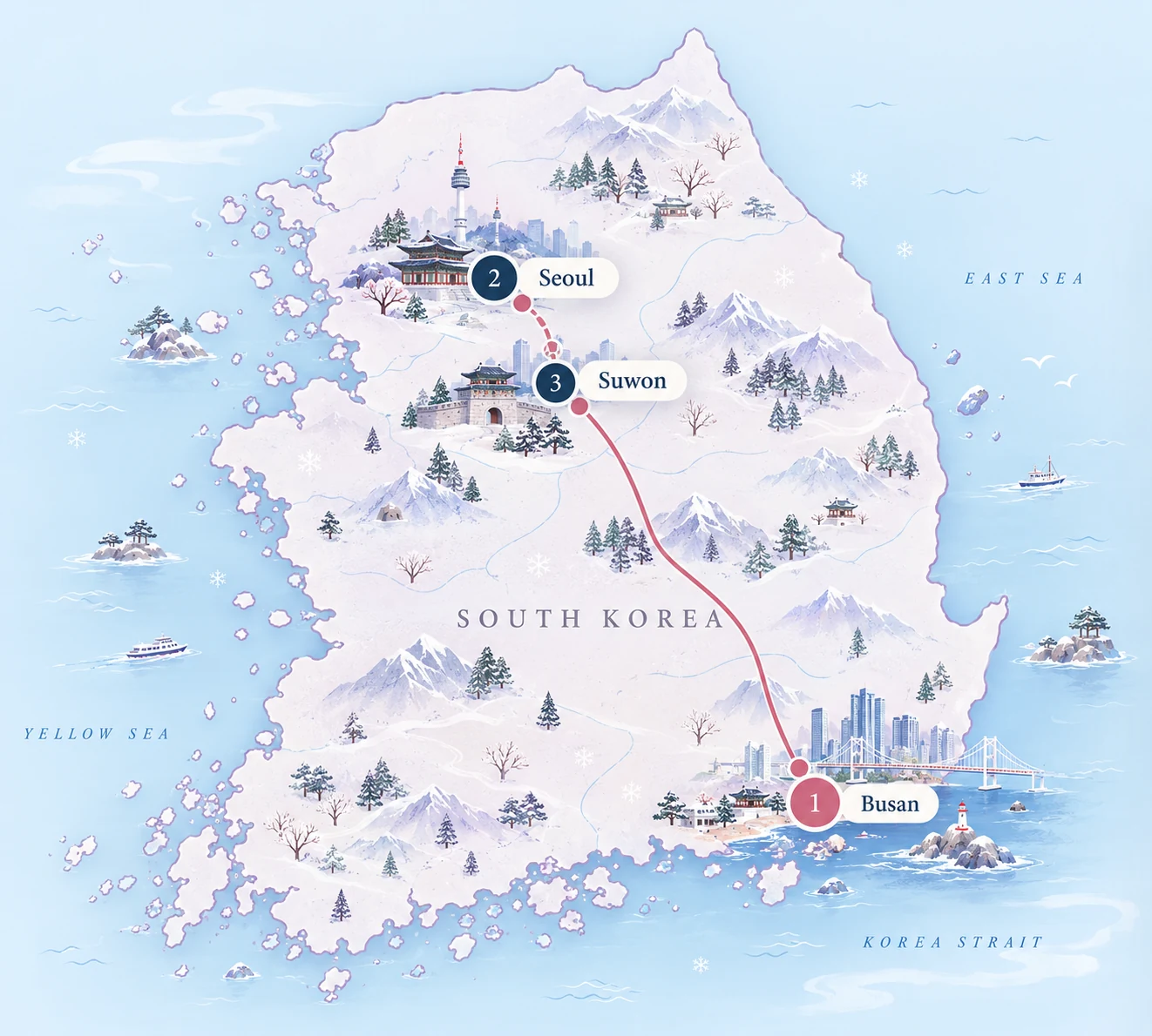 Mapa ilustrado invernal de Corea del Sur con Busan, Gyeongju, Seúl y Suwon